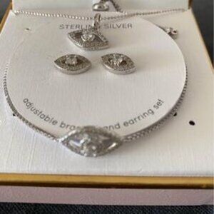 Complete set of 100% silver evil eye set earrings, bracelet, necklace with chain